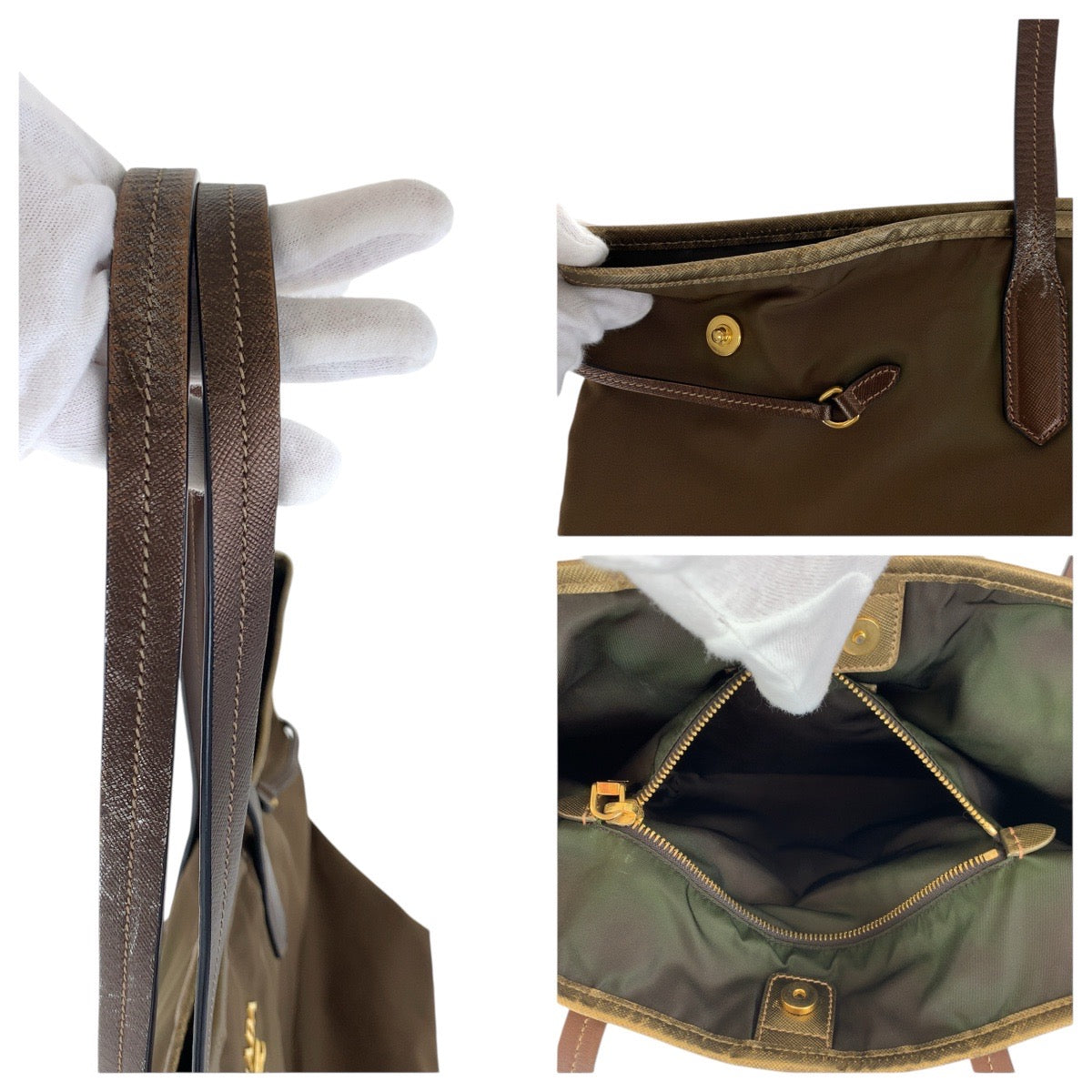 PRADA Tote Bag Nylon Brown Gold Metal Testo Saffiano Triangle With logo