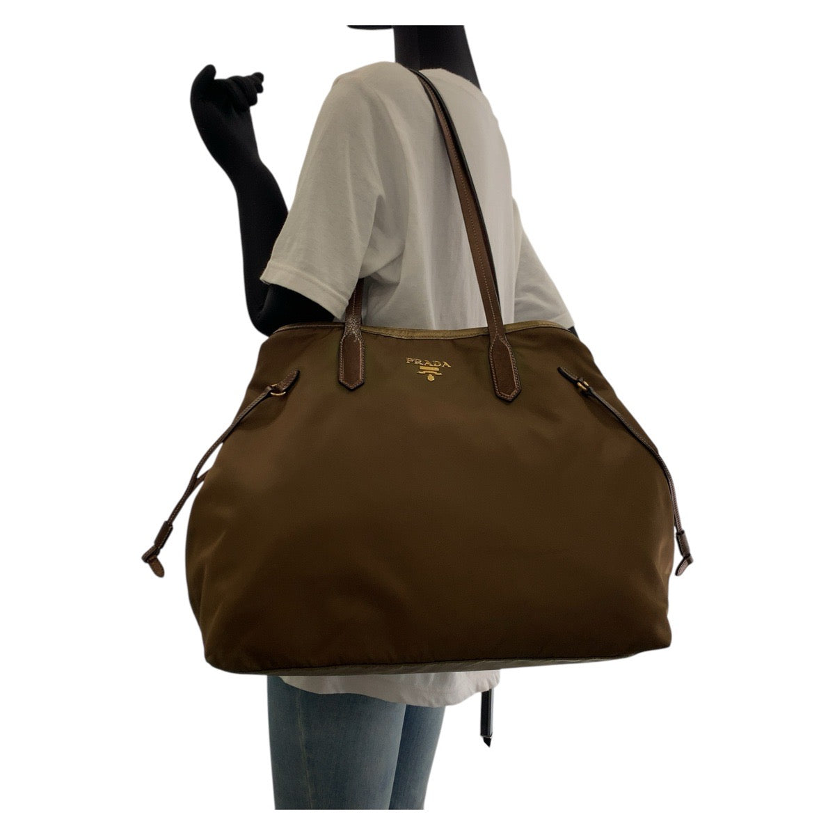 PRADA Tote Bag Nylon Brown Gold Metal Testo Saffiano Triangle With logo
