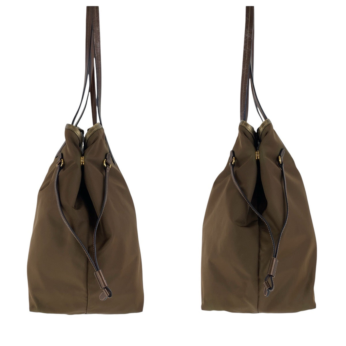 PRADA Tote Bag Nylon Brown Gold Metal Testo Saffiano Triangle With logo