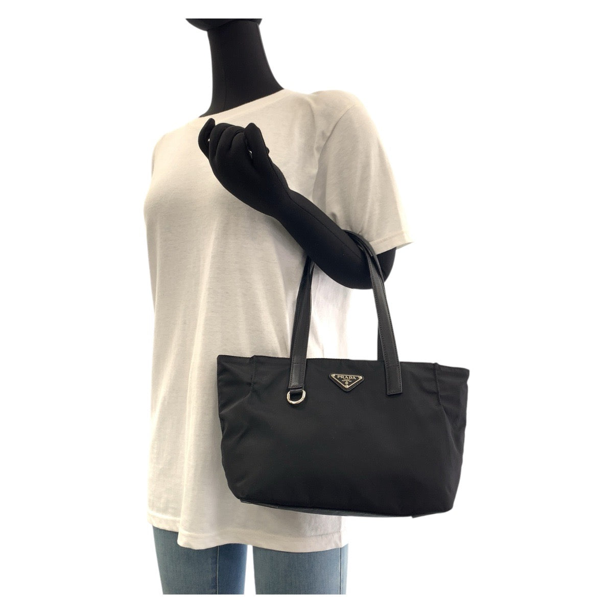 PRADA Tote Bag Nylon Black SilverMetal Testo Saffiano Triangle With logo