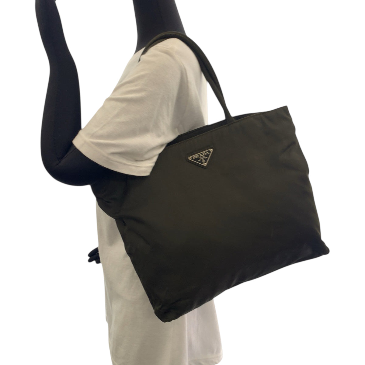 PRADA Tote Bag Nylon Khaki SilverMetal Test Triangle With logo