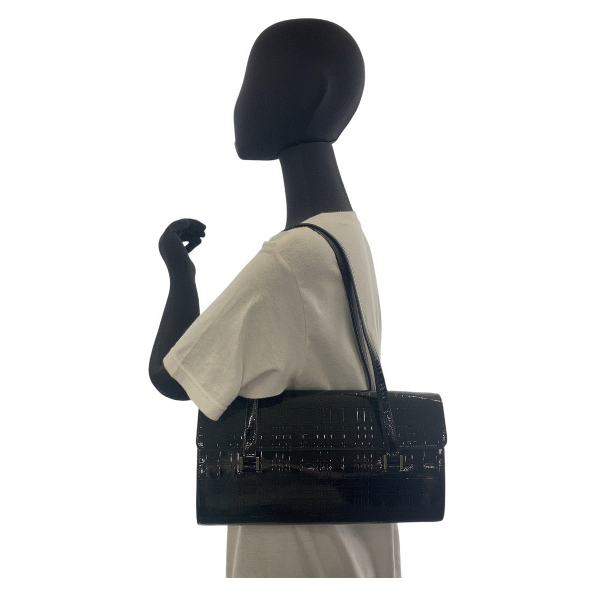BURBERRY Shoulder Bag enamel black Check Pattern Embossed