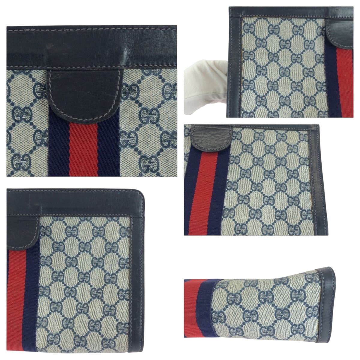 GUCCI Clutch bag GG Supreme Canvas Gray navy Sherry line