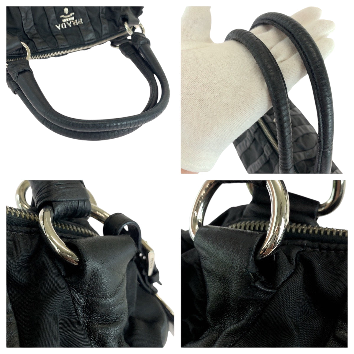 PRADA Handbag Nylon Black Silver Metal logo