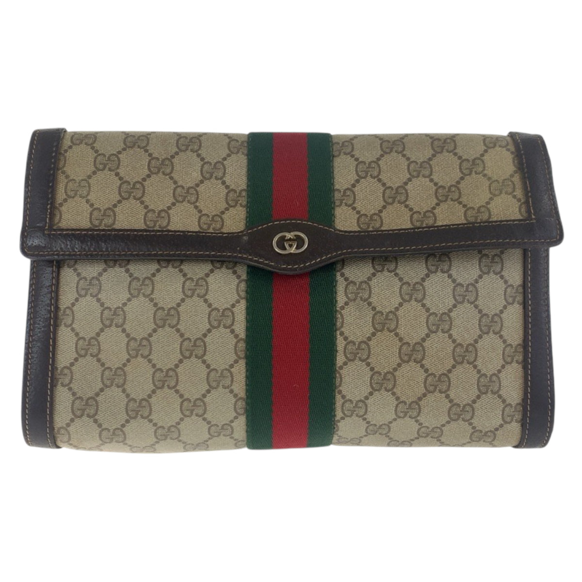 GUCCI Clutch bag GG Supreme Canvas Brown Gold Metal Old Gucci Shelly Line Interlocking