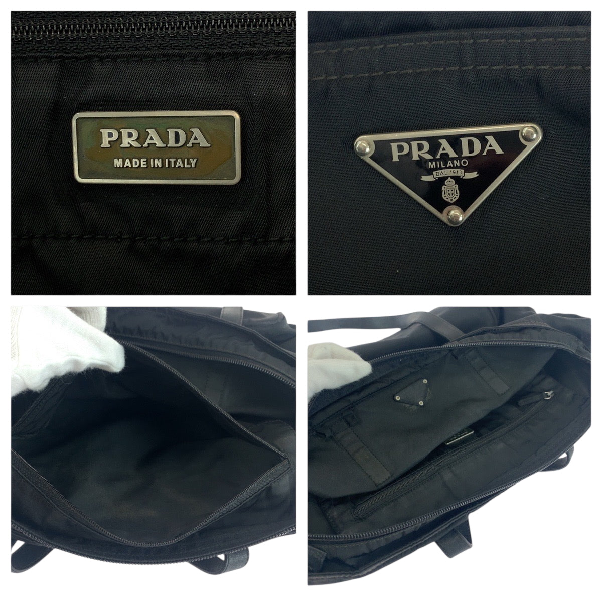 PRADA Tote Bag Nylon Black Silver Metal Test Triangle With logo