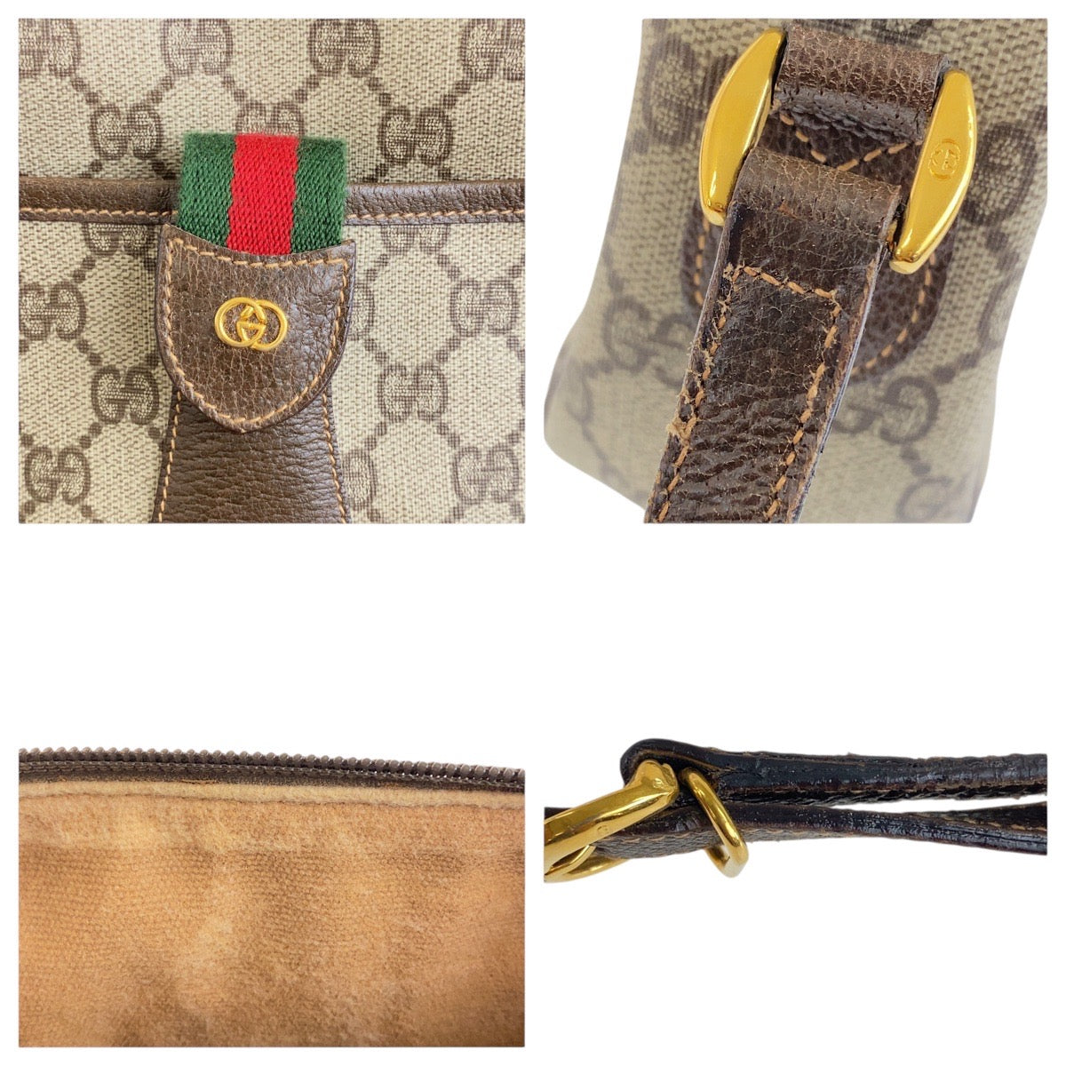 GUCCI Shoulder Bag 001 123 6177 GG Supreme Canvas Beige Brown Gold Metal Old Gucci Shelly Line