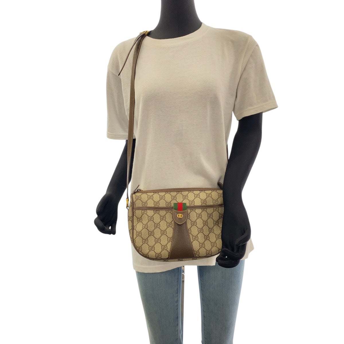 GUCCI Shoulder Bag 001 123 6177 GG Supreme Canvas Beige Brown Gold Metal Old Gucci Shelly Line