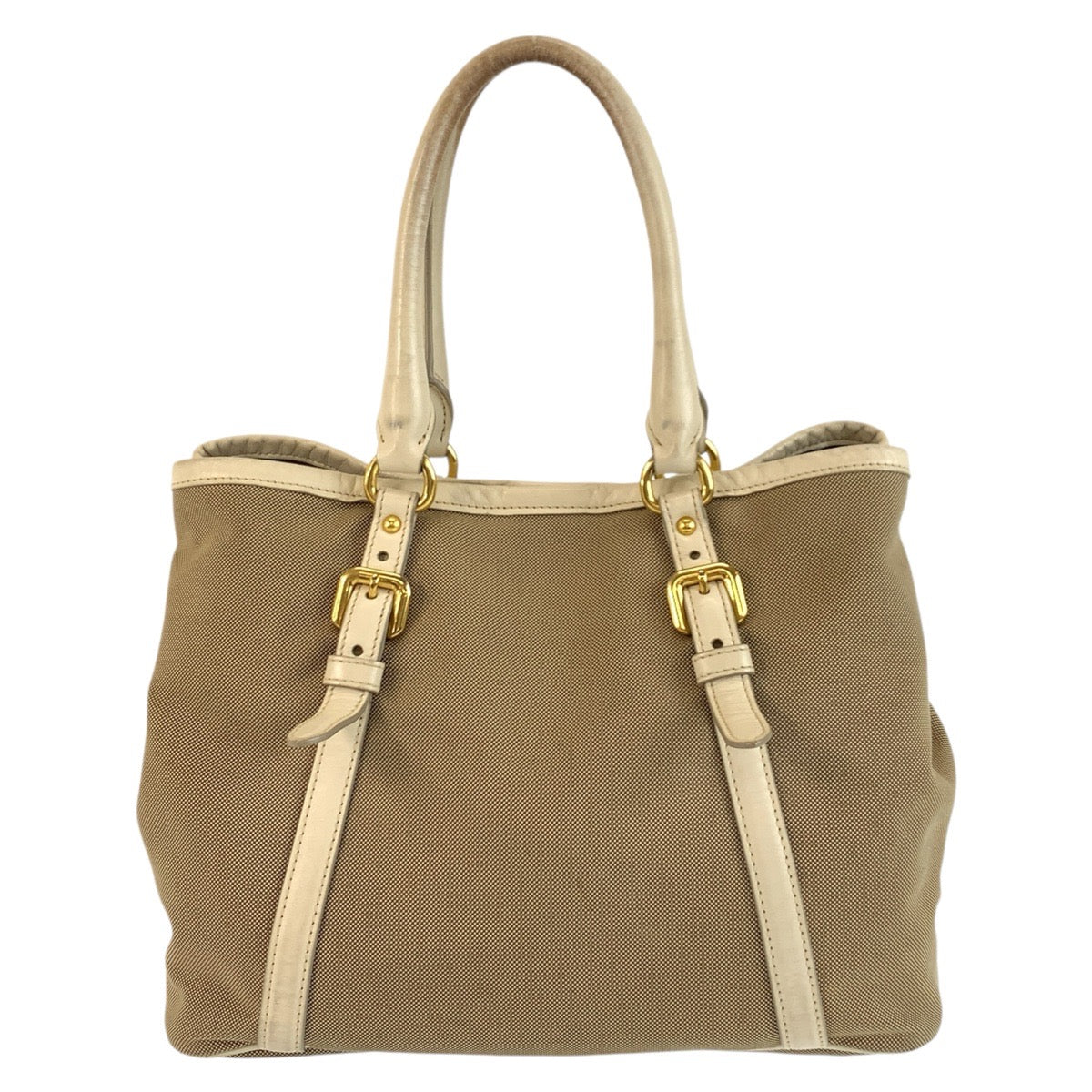 PRADA Tote Bag canvas Beige Gold Metal Logo jacquard