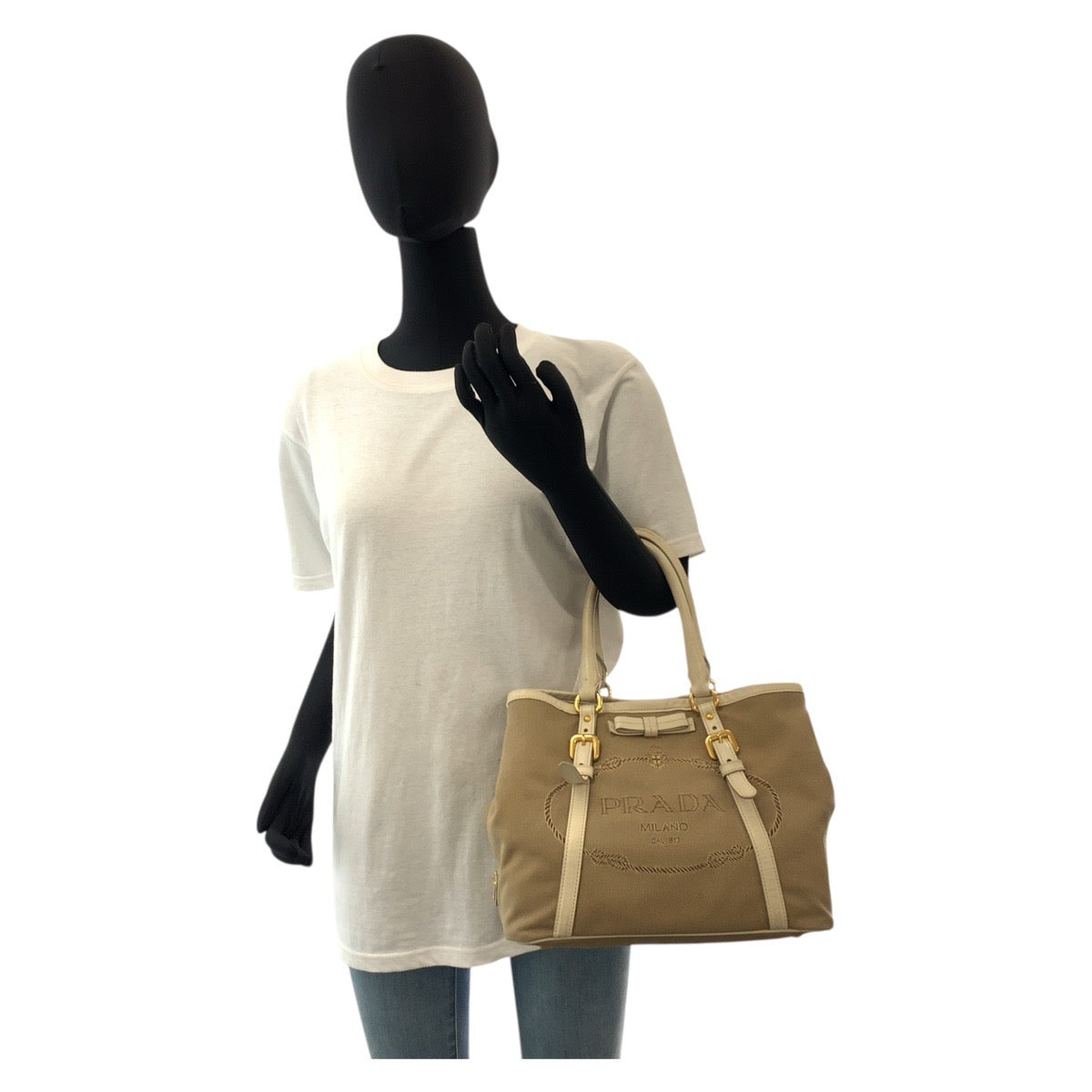 PRADA Tote Bag canvas Beige Gold Metal Logo jacquard