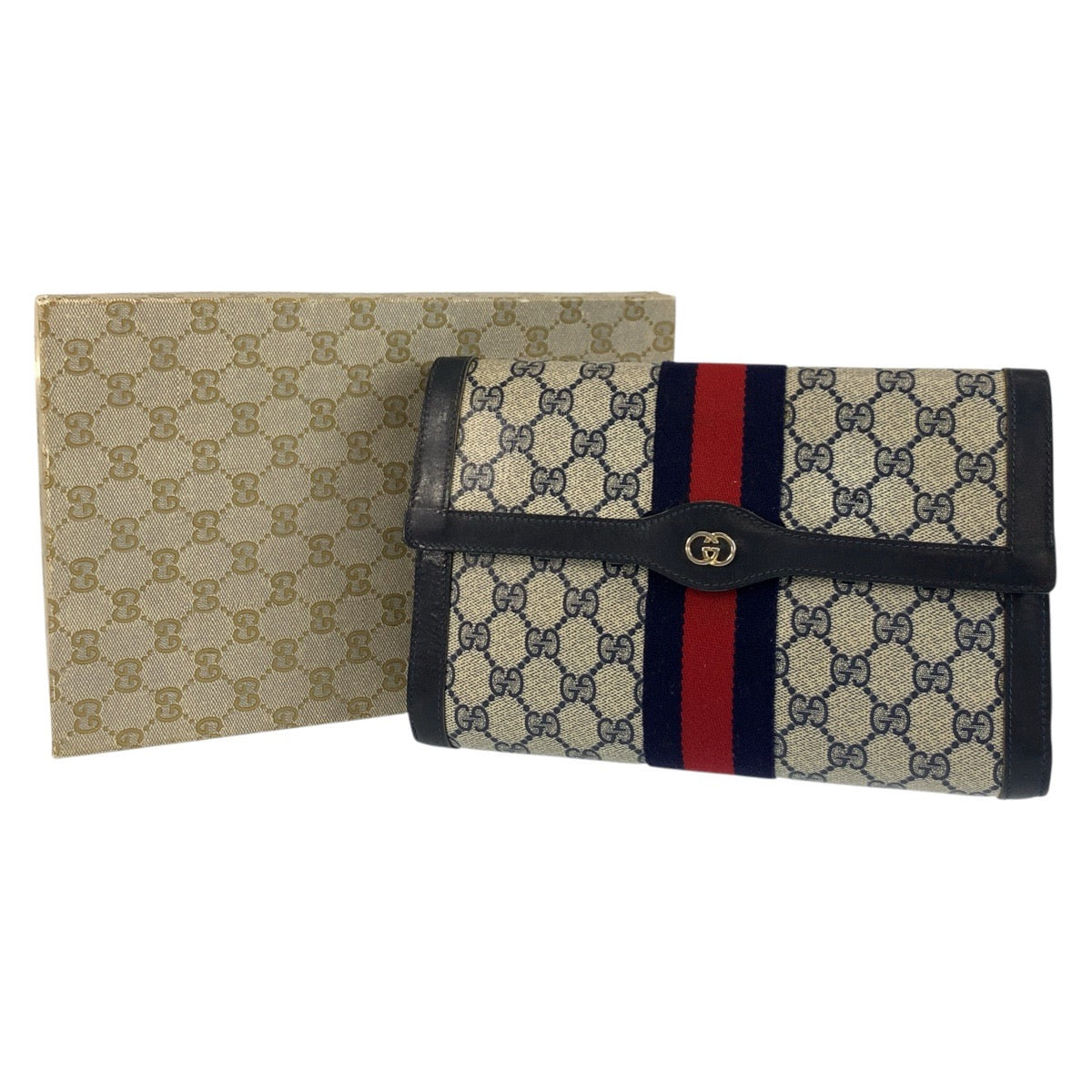 GUCCI Clutch bag 38 GG Supreme Canvas Gray Navy Gold Metal Sherry line