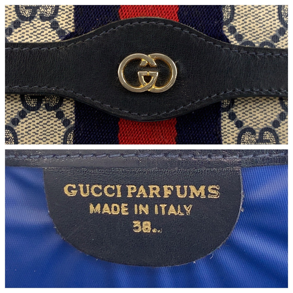 GUCCI Clutch bag 38 GG Supreme Canvas Gray Navy Gold Metal Sherry line