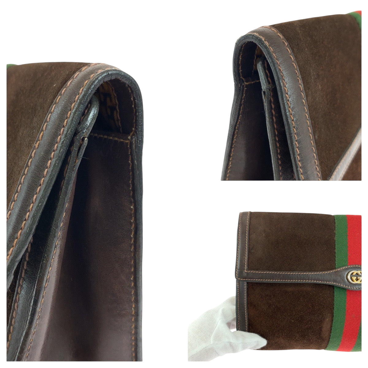 GUCCI Clutch bag Suede Brown Red Green GoldMetal GUCCI PARFUMS Old Gucci Sherry Line