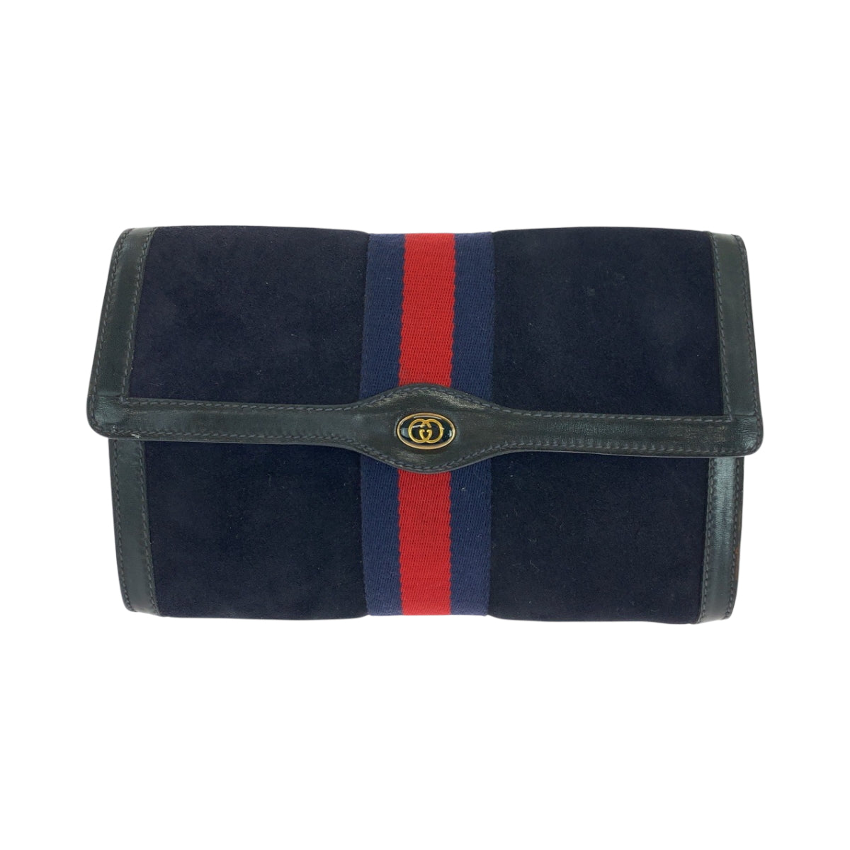 GUCCI Clutch bag 67 014 3088 Suede Navy Red Gold Metal Old Gucci