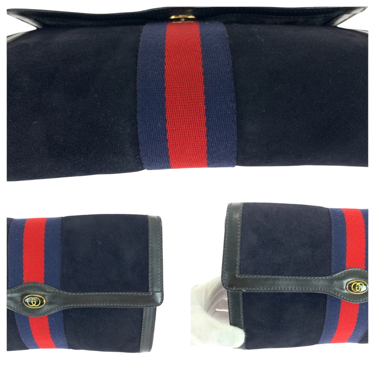 GUCCI Clutch bag 67 014 3088 Suede Navy Red Gold Metal Old Gucci
