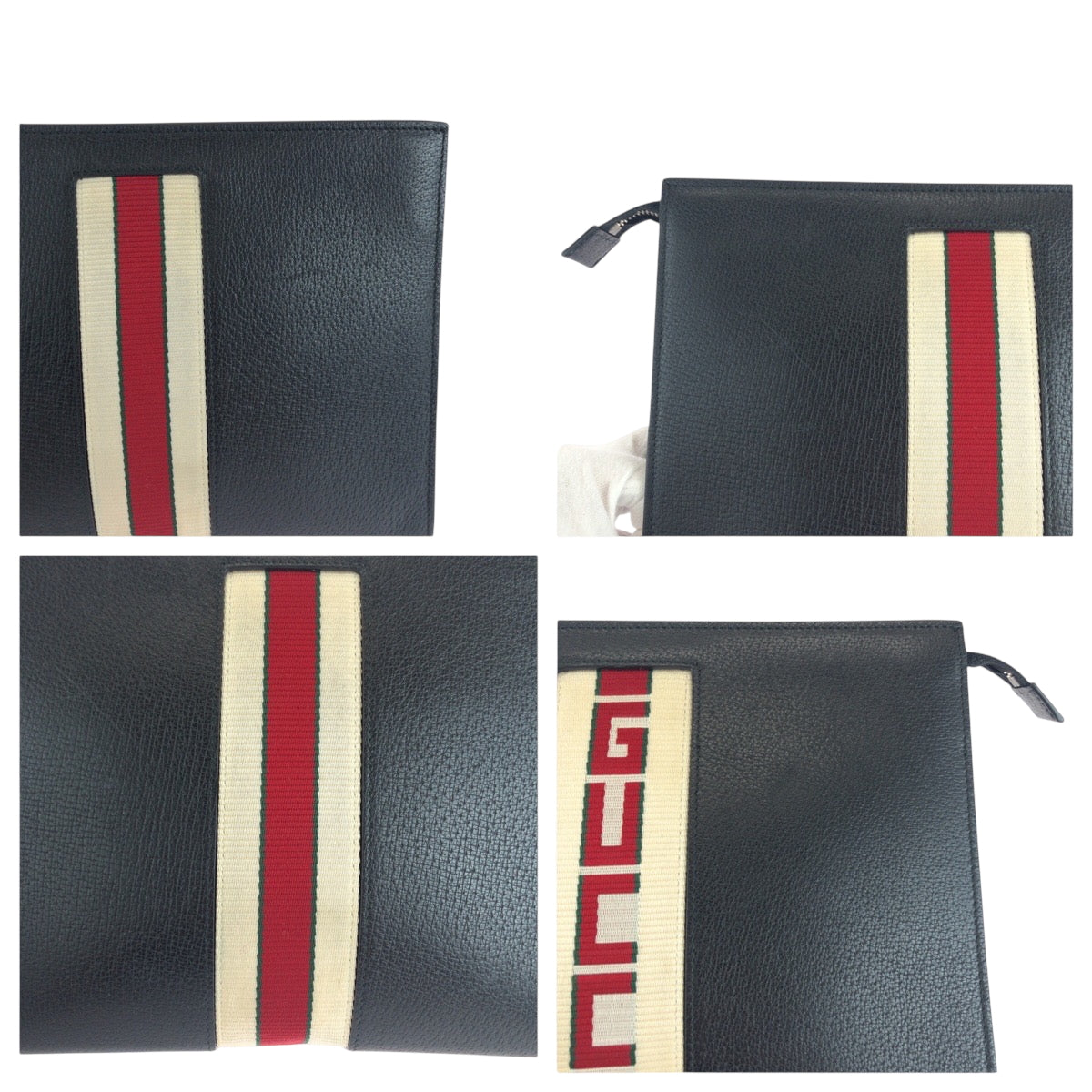 GUCCI Clutch bag 475316 leather Black White SilverMetal Web stripe
