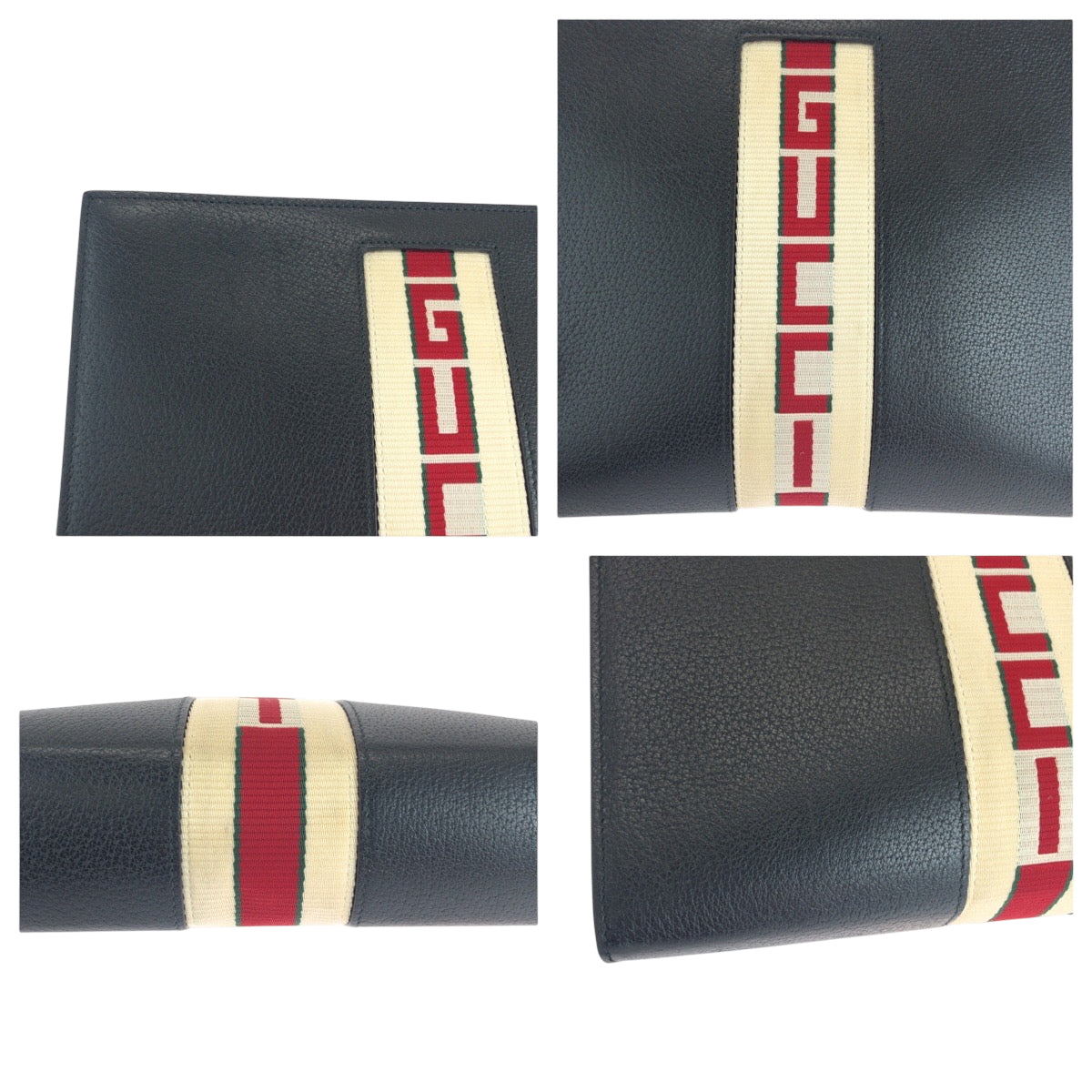 GUCCI Clutch bag 475316 leather Black White SilverMetal Web stripe