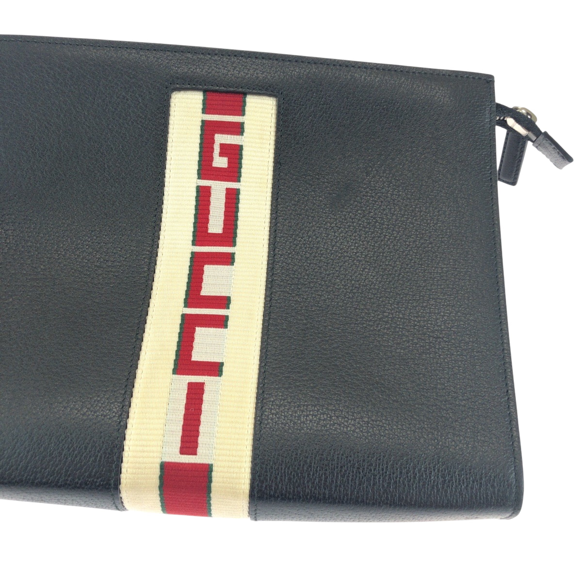 GUCCI Clutch bag 475316 leather Black White SilverMetal Web stripe