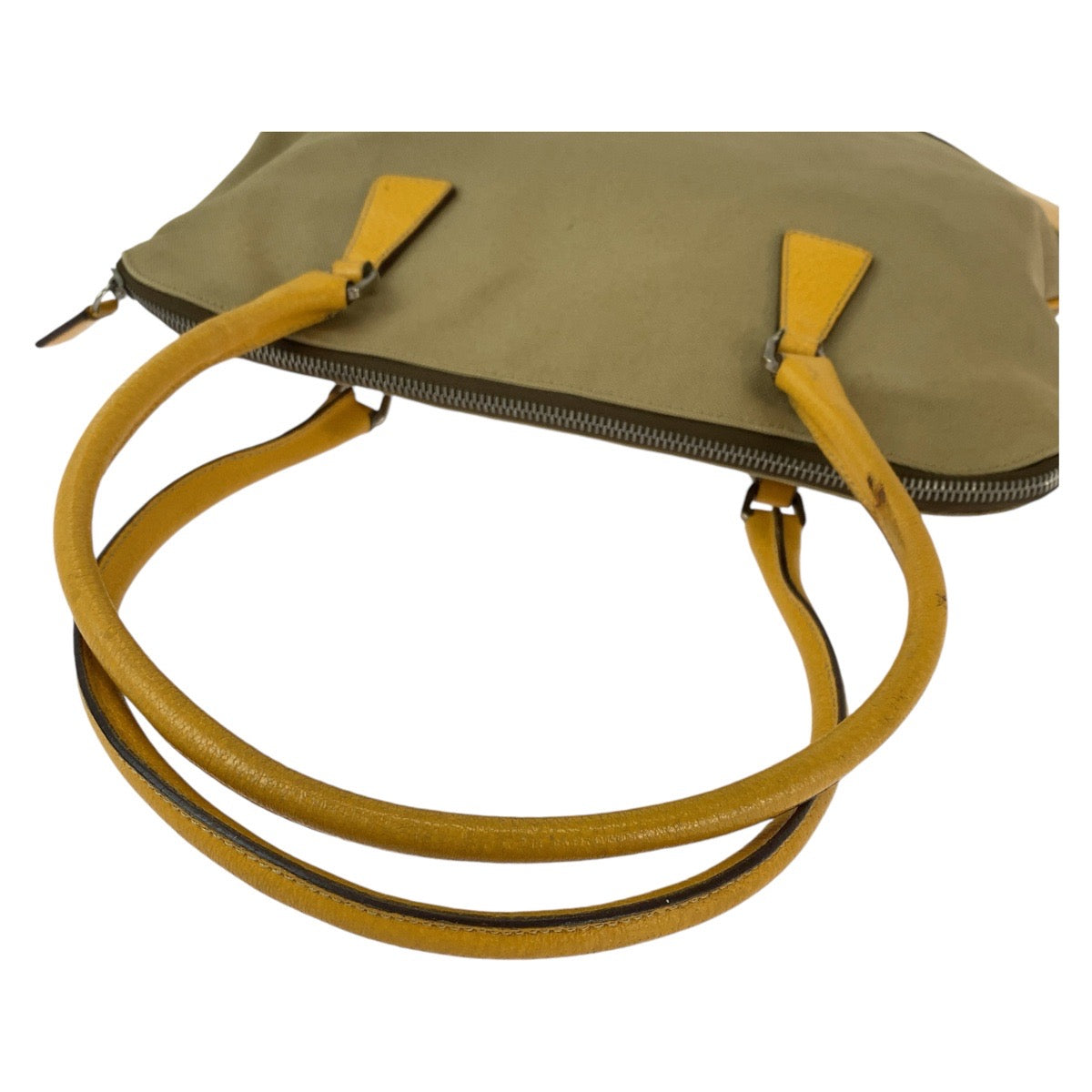 PRADA Tote Bag canvas Beige Yellow SilverMetal Triangle With logo