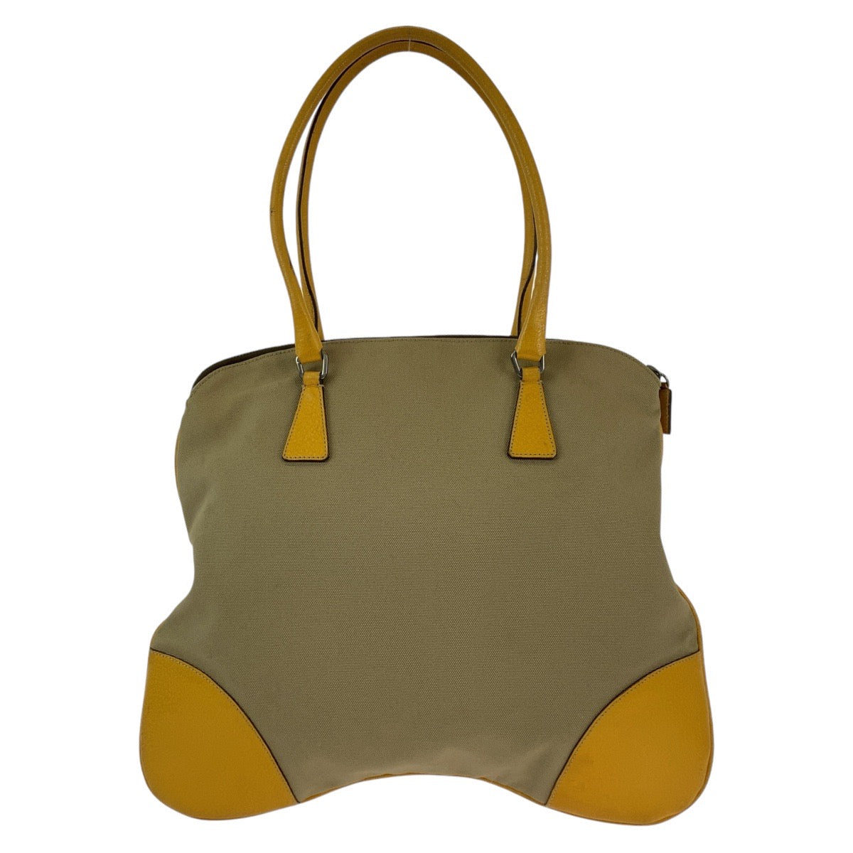 PRADA Tote Bag canvas Beige Yellow SilverMetal Triangle With logo