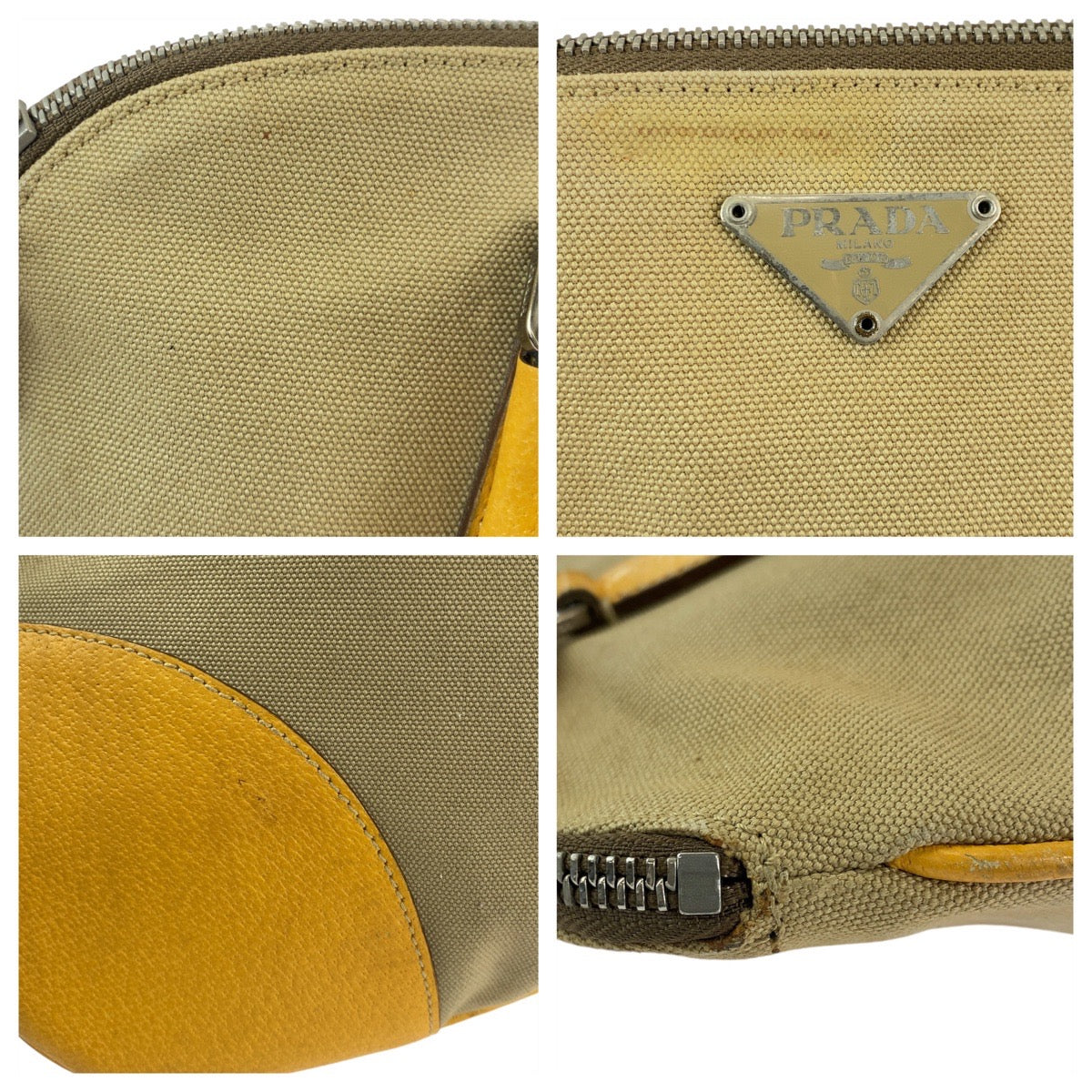 PRADA Tote Bag canvas Beige Yellow SilverMetal Triangle With logo