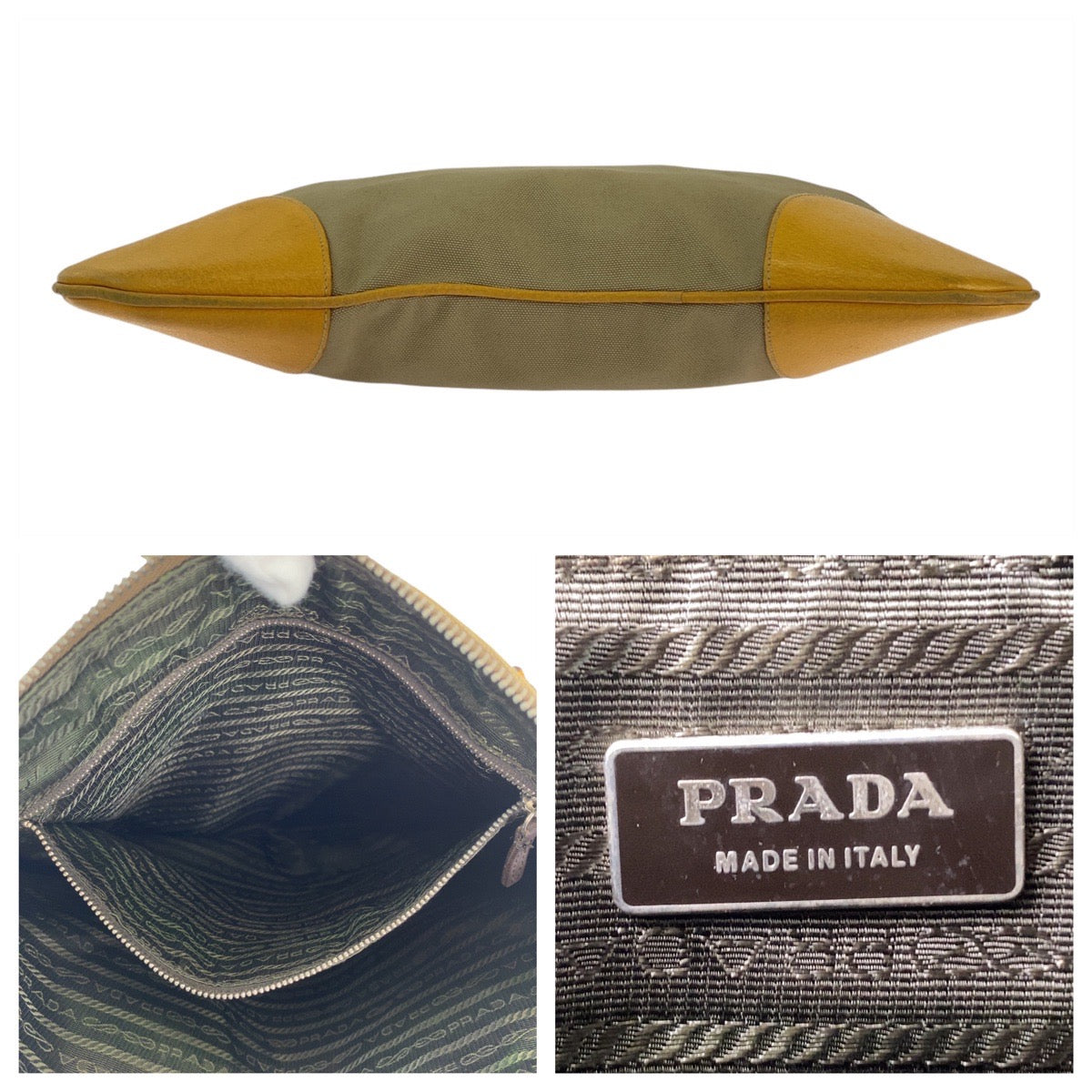 PRADA Tote Bag canvas Beige Yellow SilverMetal Triangle With logo
