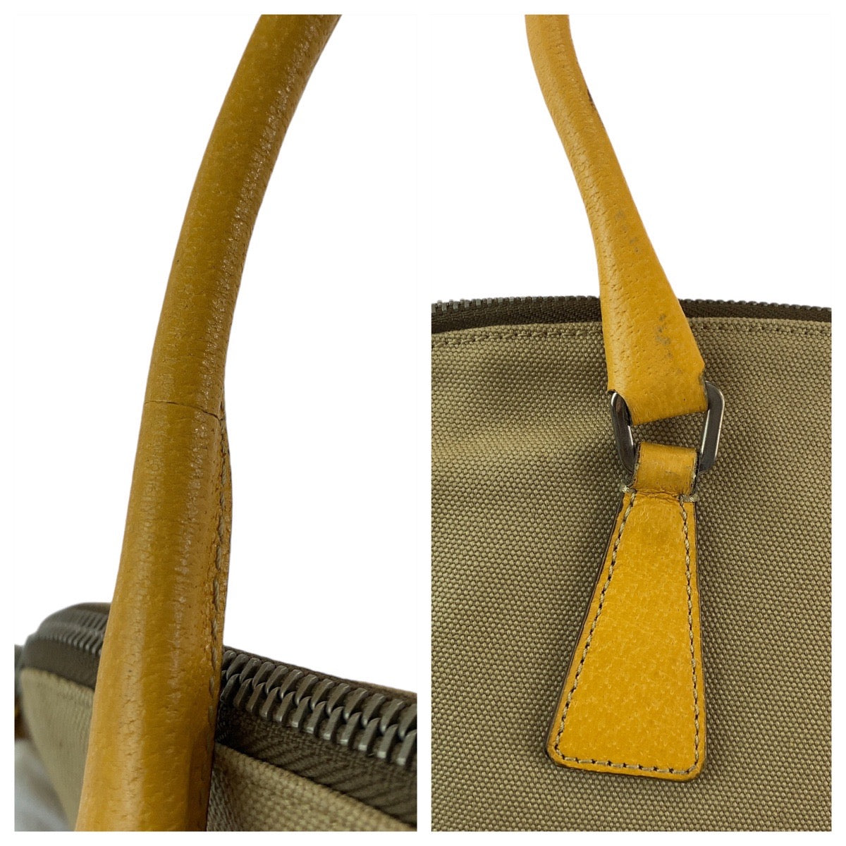 PRADA Tote Bag canvas Beige Yellow SilverMetal Triangle With logo