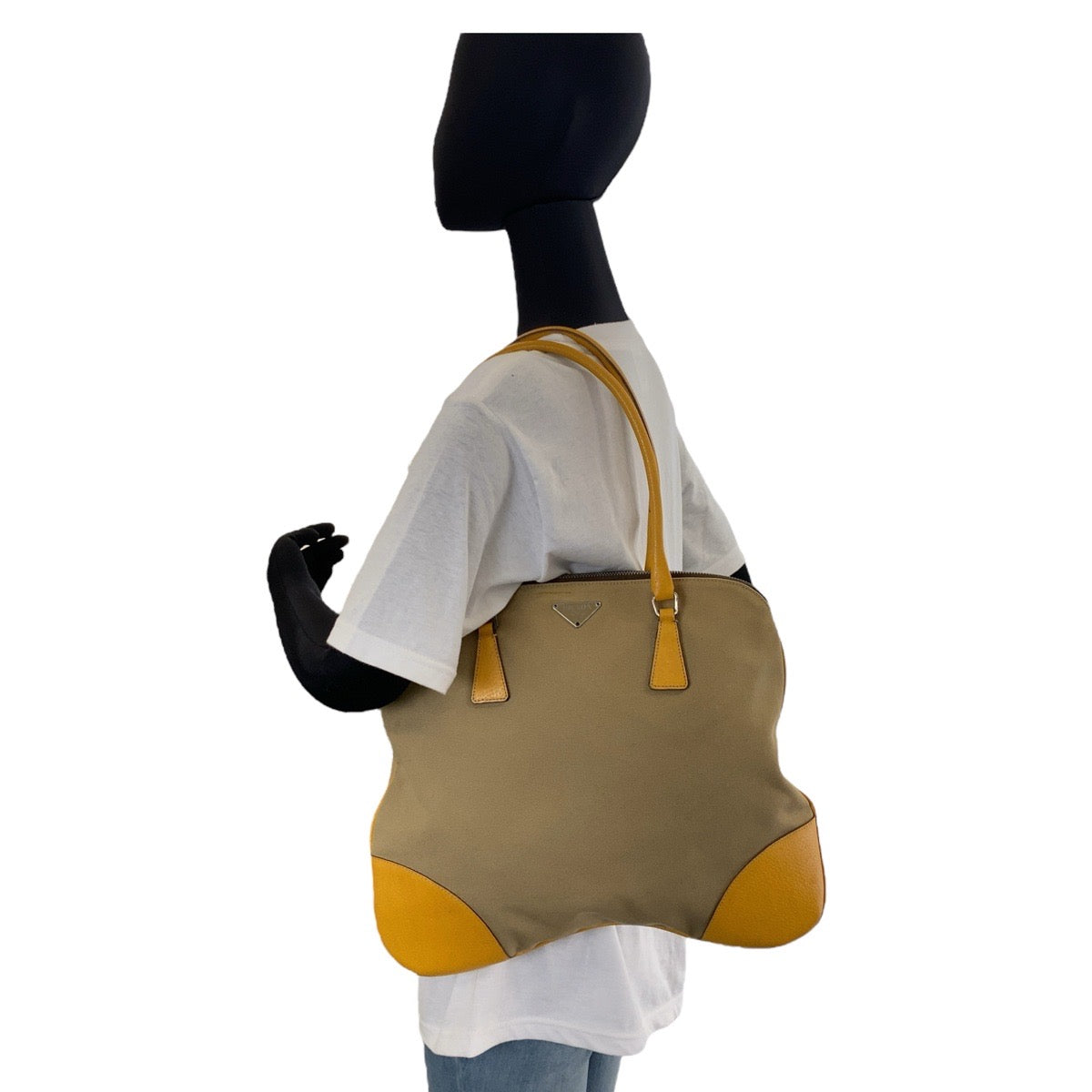 PRADA Tote Bag canvas Beige Yellow SilverMetal Triangle With logo