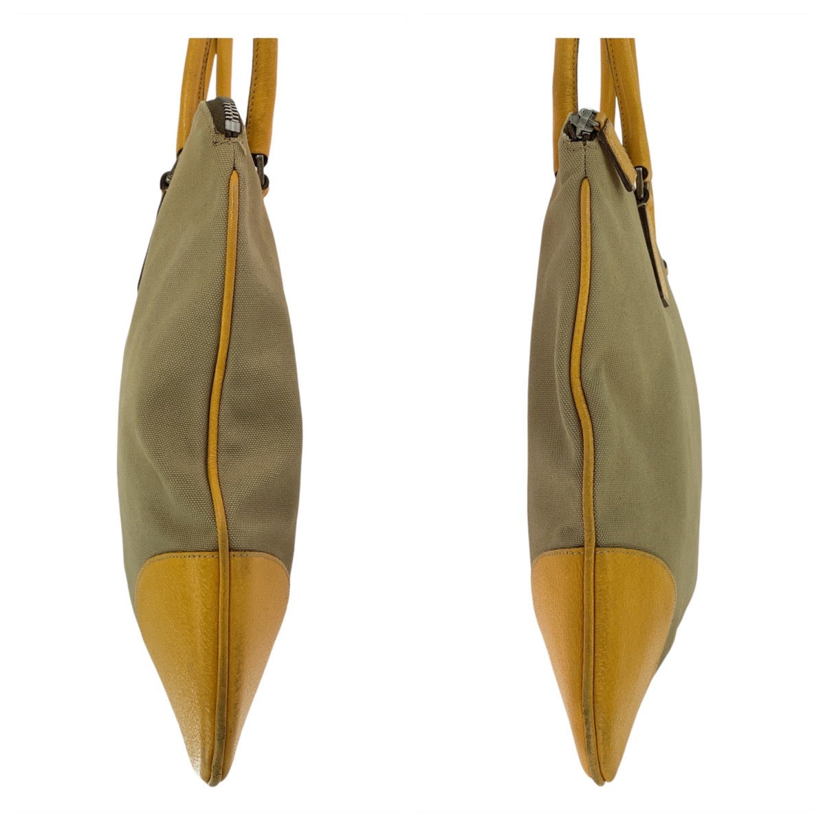 PRADA Tote Bag canvas Beige Yellow SilverMetal Triangle With logo