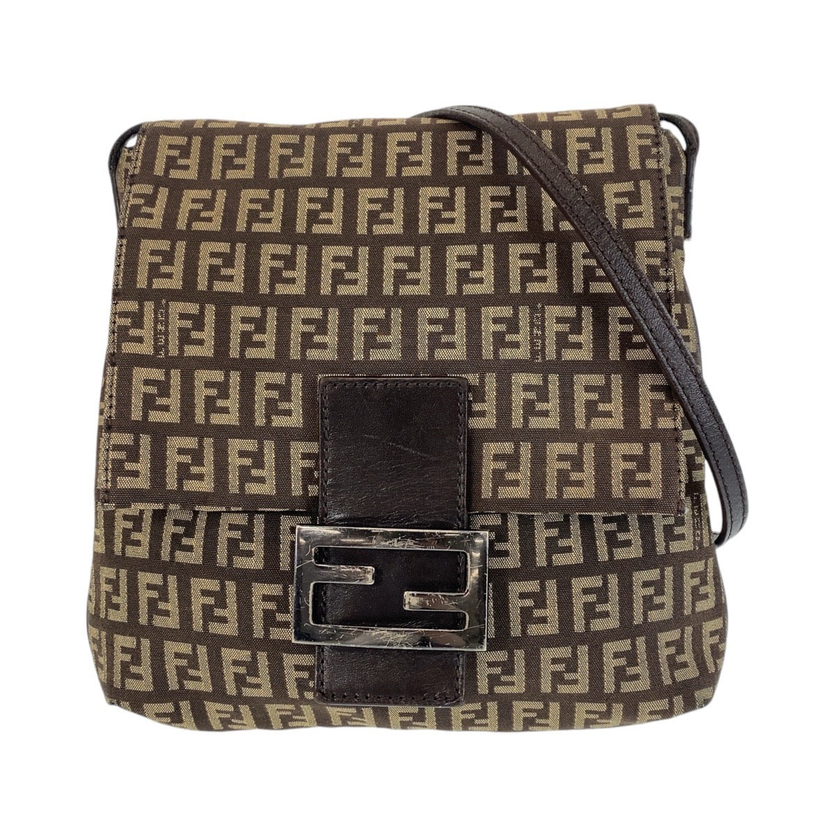 FENDI Shoulder Bag canvas Brown Silver Metal Zucchino Kamsepochet