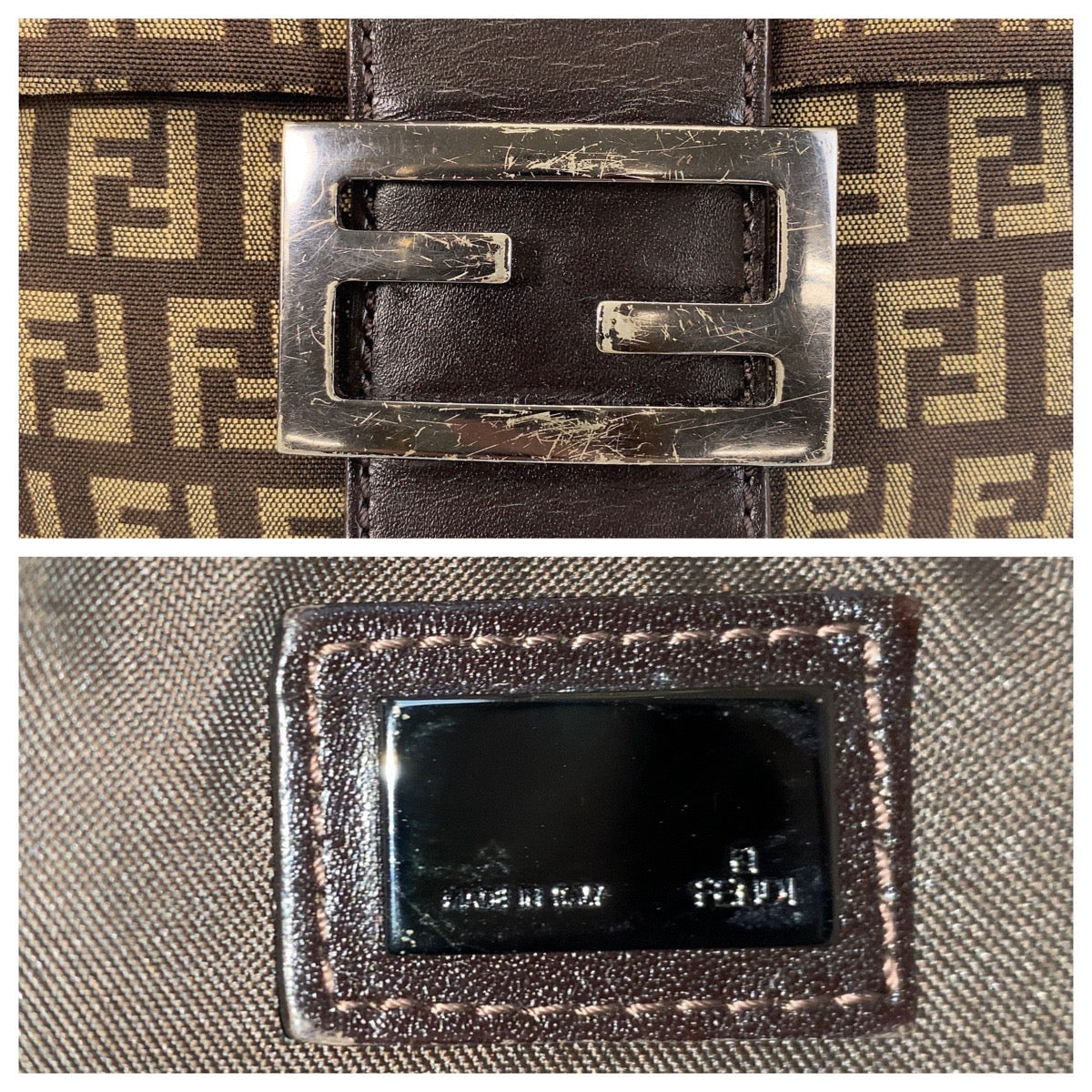 FENDI Shoulder Bag canvas Brown Silver Metal Zucchino Kamsepochet