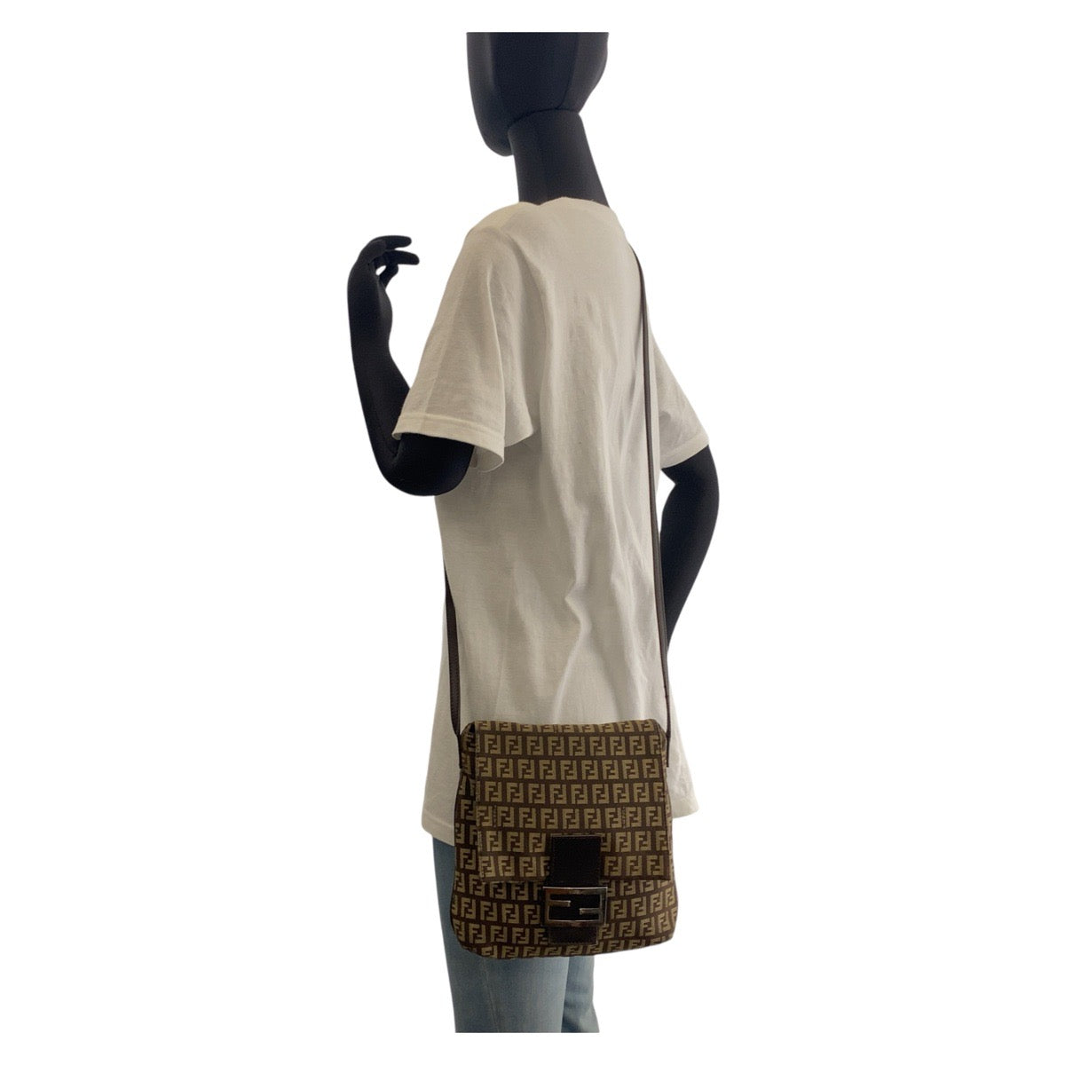 FENDI Shoulder Bag canvas Brown Silver Metal Zucchino Kamsepochet
