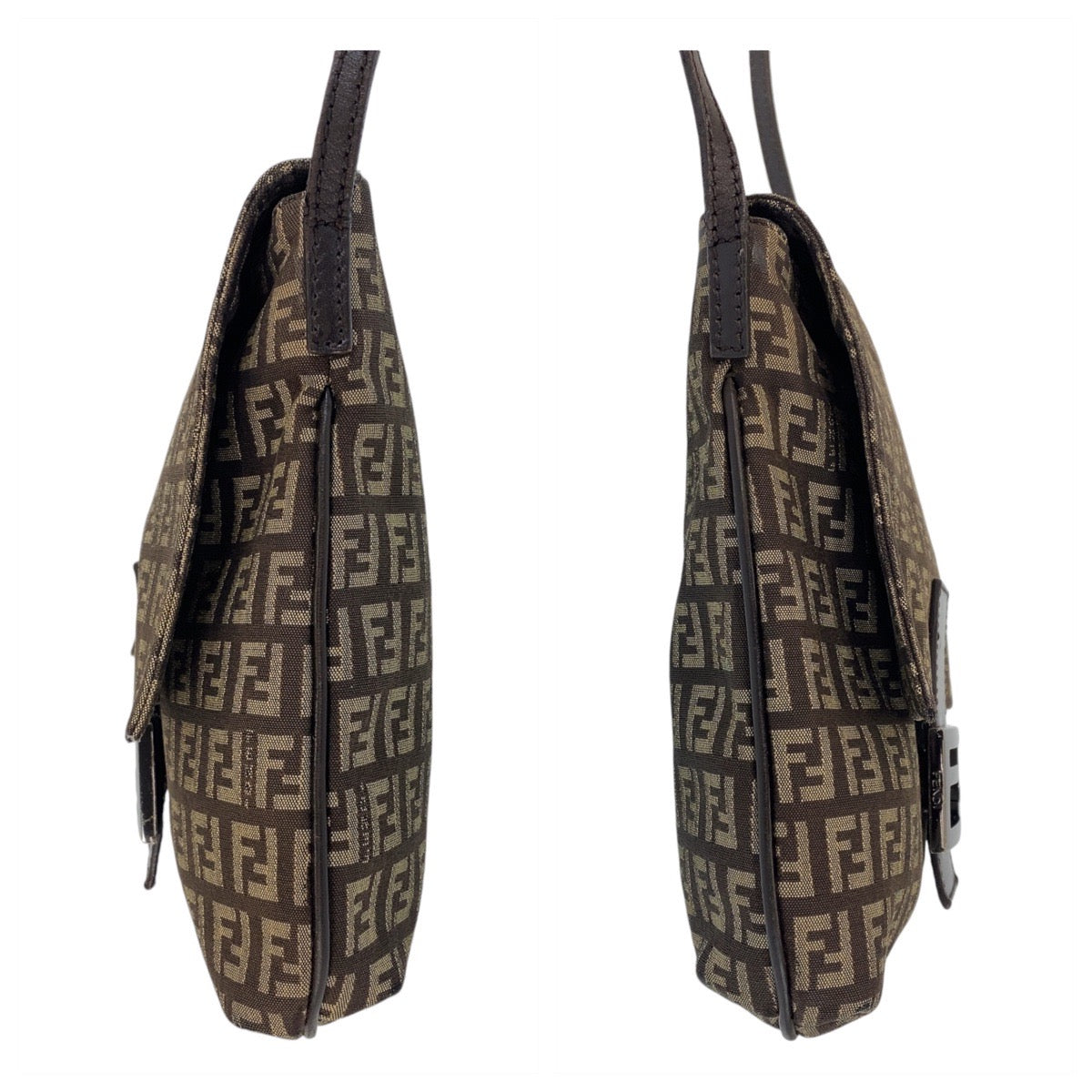 FENDI Shoulder Bag canvas Brown Silver Metal Zucchino Kamsepochet