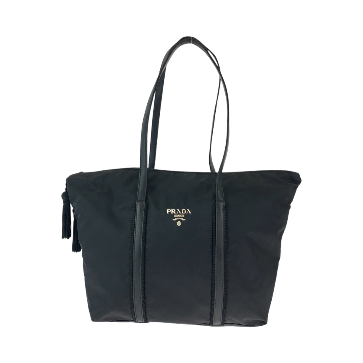 PRADA Tote Bag BR3920 Nylon Black SilverMetal Test Triangle With logo Fringe