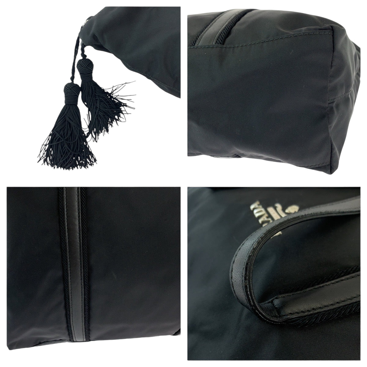 PRADA Tote Bag BR3920 Nylon Black SilverMetal Test Triangle With logo Fringe