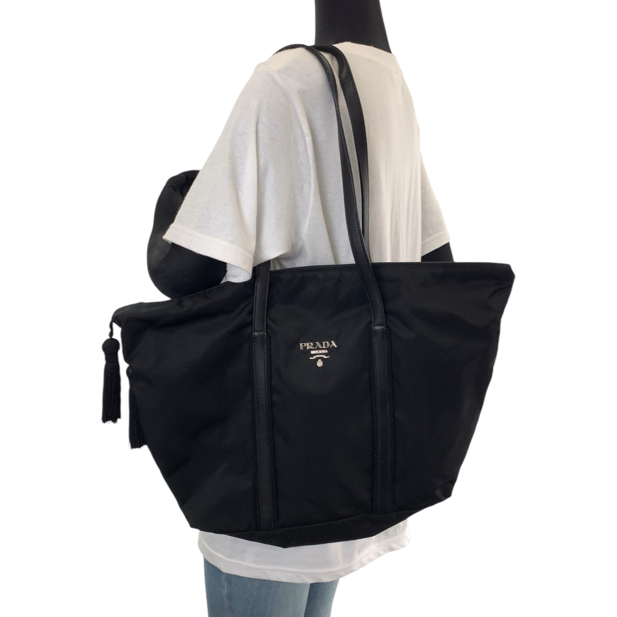 PRADA Tote Bag BR3920 Nylon Black SilverMetal Test Triangle With logo Fringe