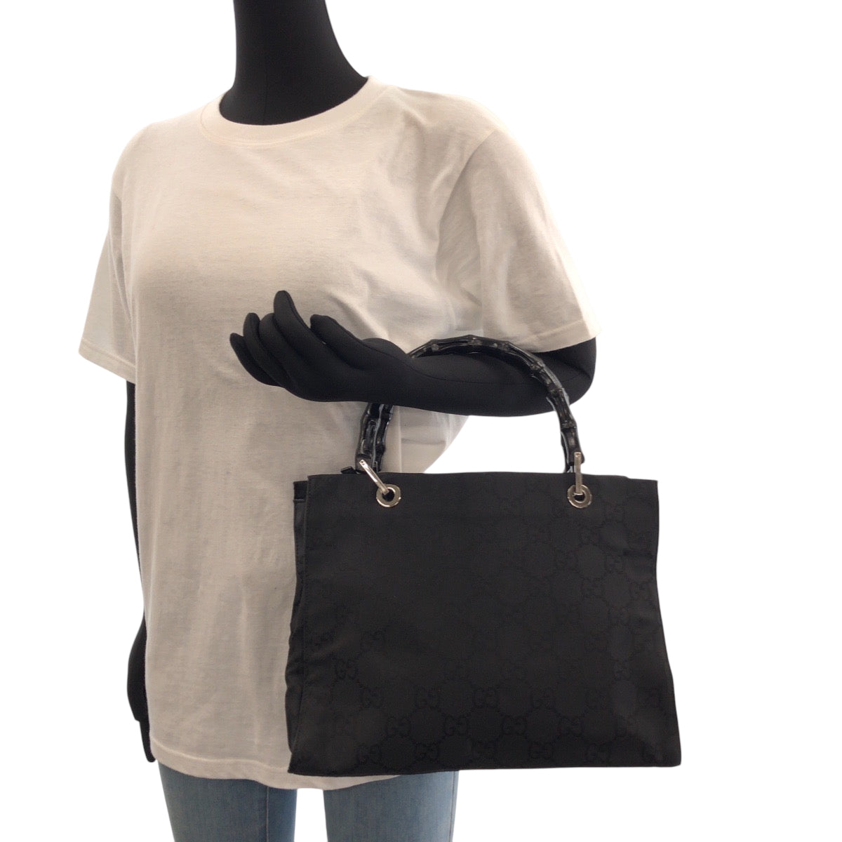 GUCCI Tote Bag 002 1015 GG canvas Black SilverMetal Bamboo