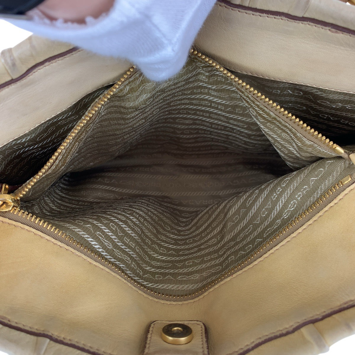 PRADA Tote Bag leather Beige Gold Metal Safiano