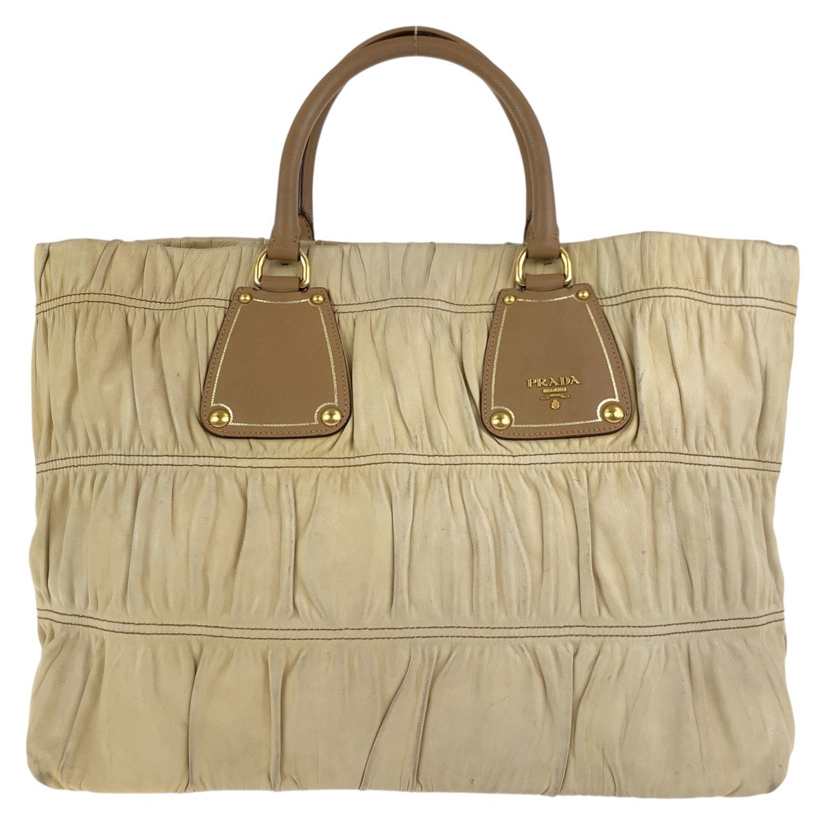 PRADA Tote Bag leather Beige Gold Metal Safiano