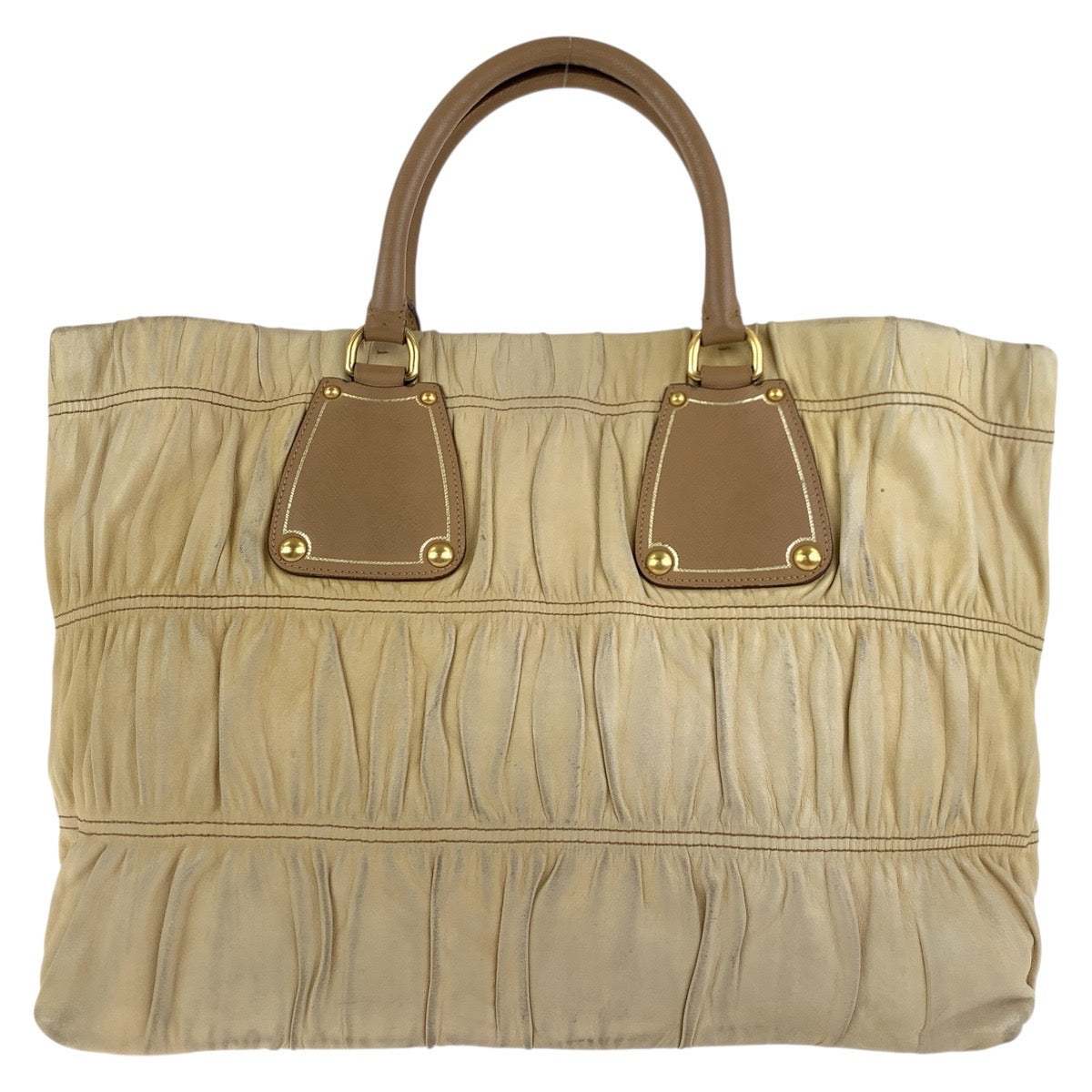 PRADA Tote Bag leather Beige Gold Metal Safiano