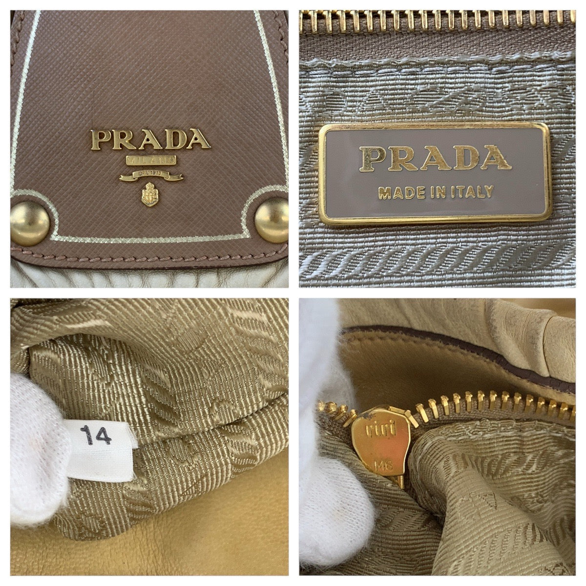 PRADA Tote Bag leather Beige Gold Metal Safiano