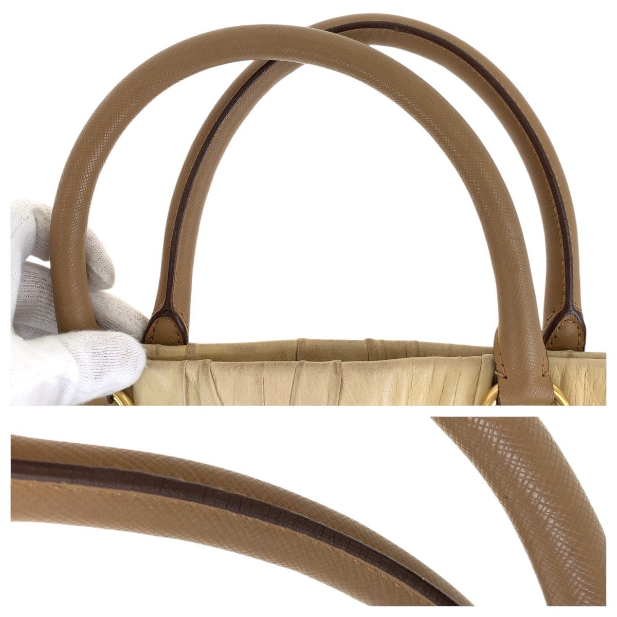 PRADA Tote Bag leather Beige Gold Metal Safiano