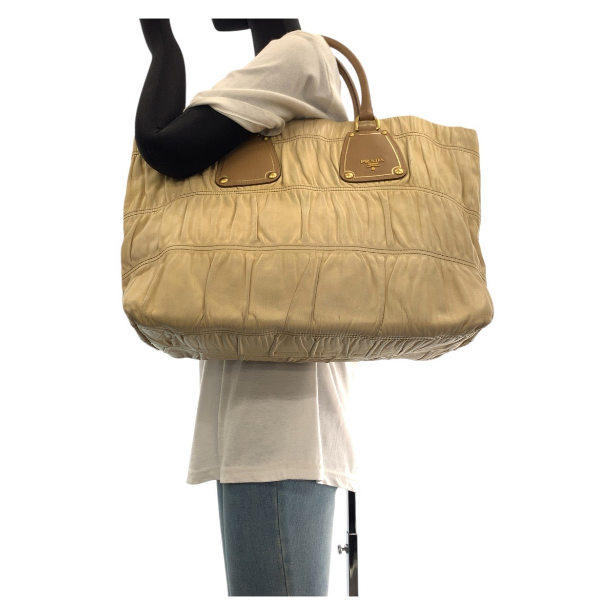 PRADA Tote Bag leather Beige Gold Metal Safiano