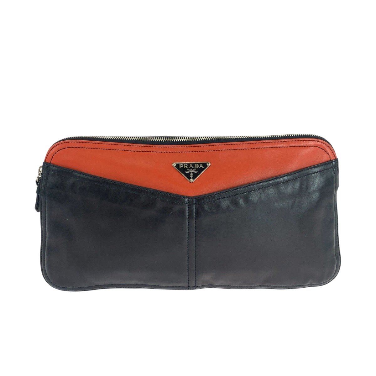 PRADA Clutch bag leather Black Orange SilverMetal Triangle With logo