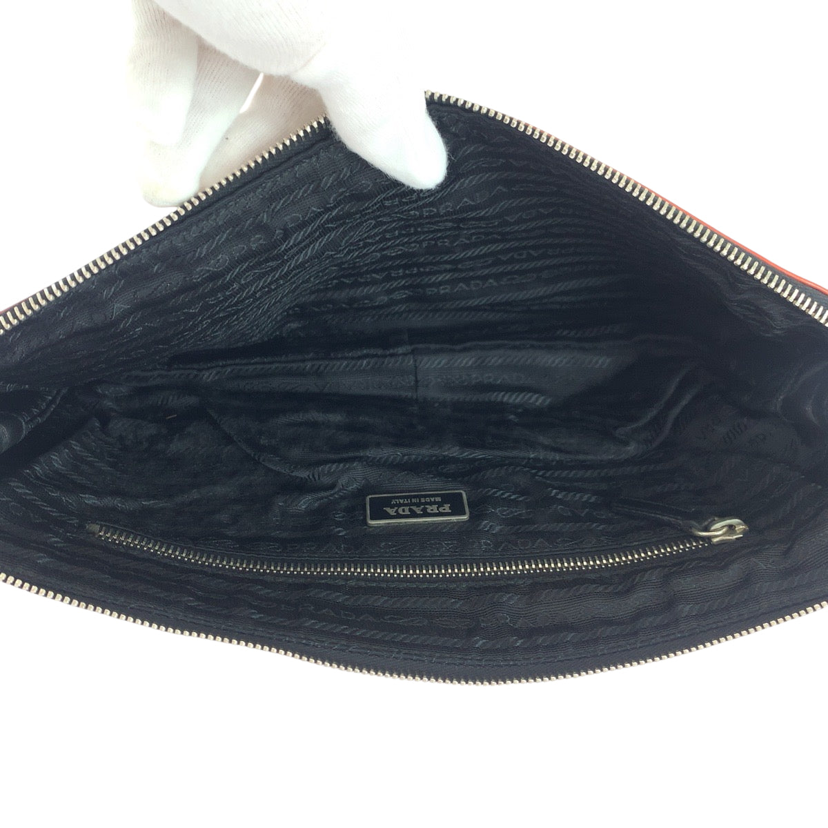 PRADA Clutch bag leather Black Orange SilverMetal Triangle With logo