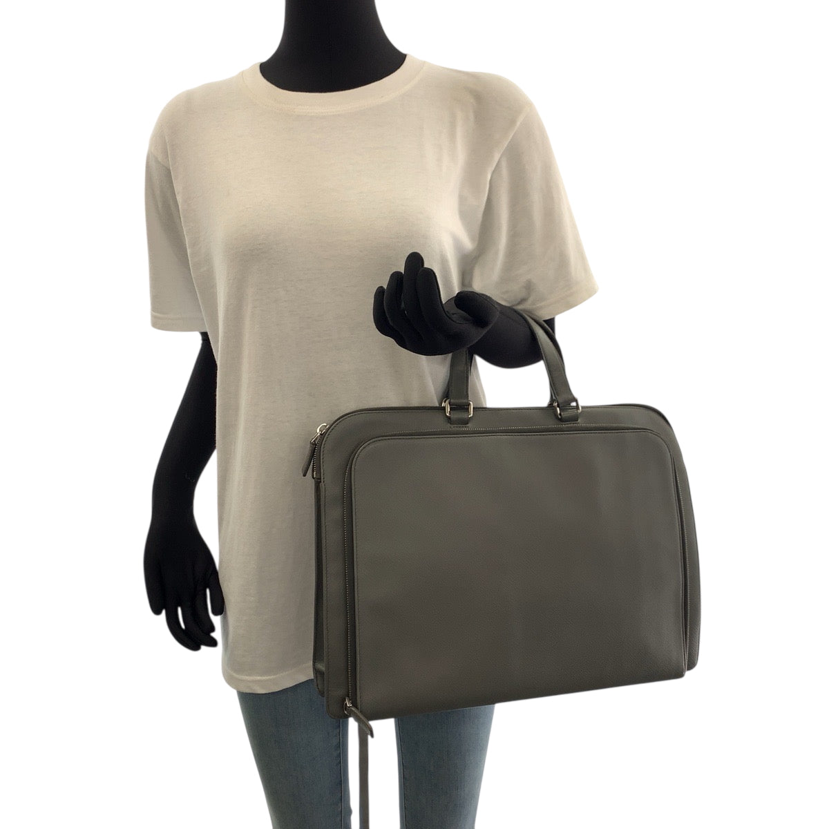 PRADA Business bag VR0078 leather Grey SilverMetal Safiano Triangle With logo