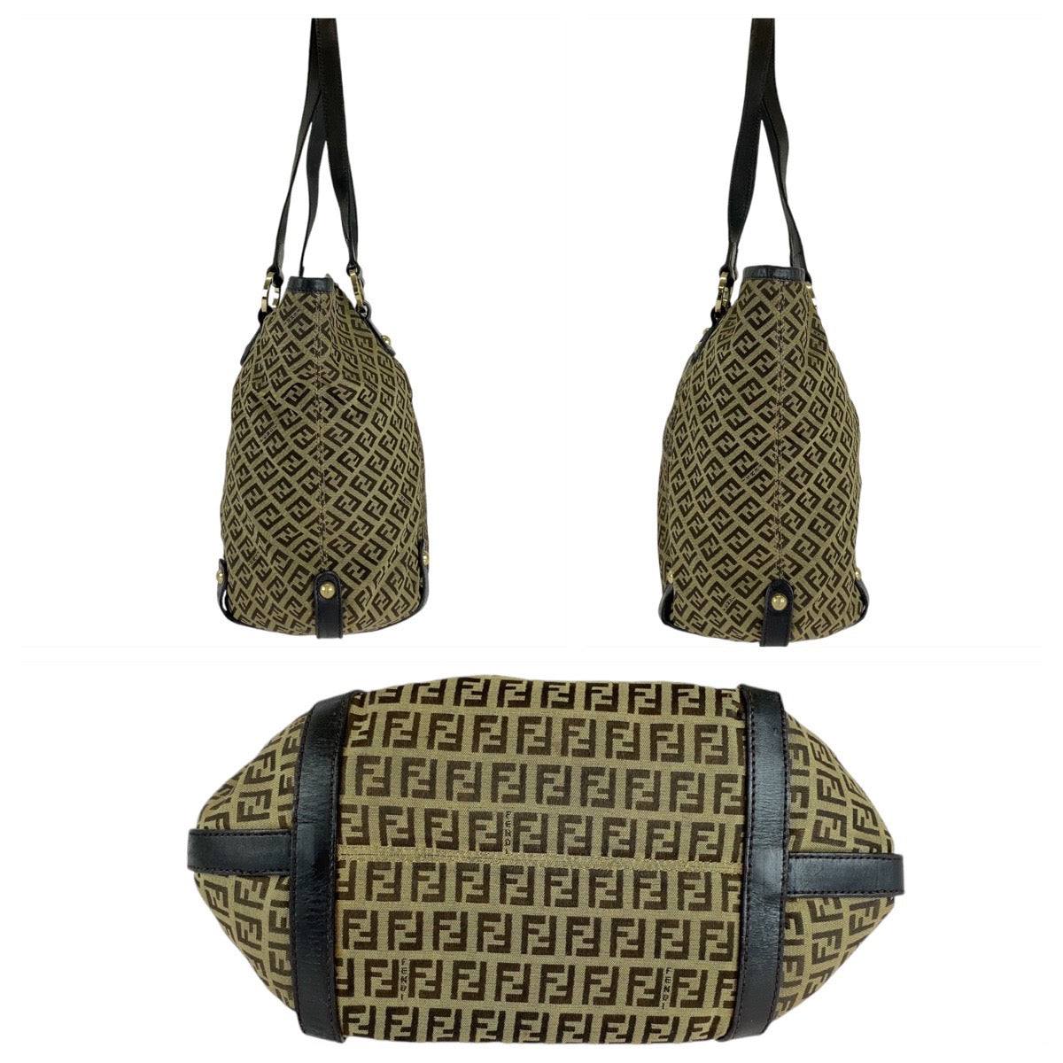 FENDI Tote Bag 8BH197 canvas Brown Gold Metal Zucchino