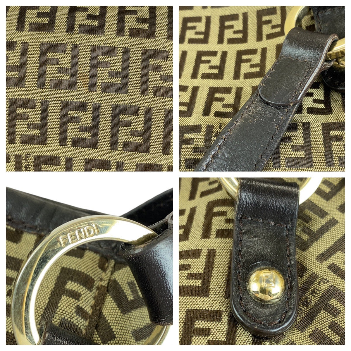 FENDI Tote Bag 8BH197 canvas Brown Gold Metal Zucchino