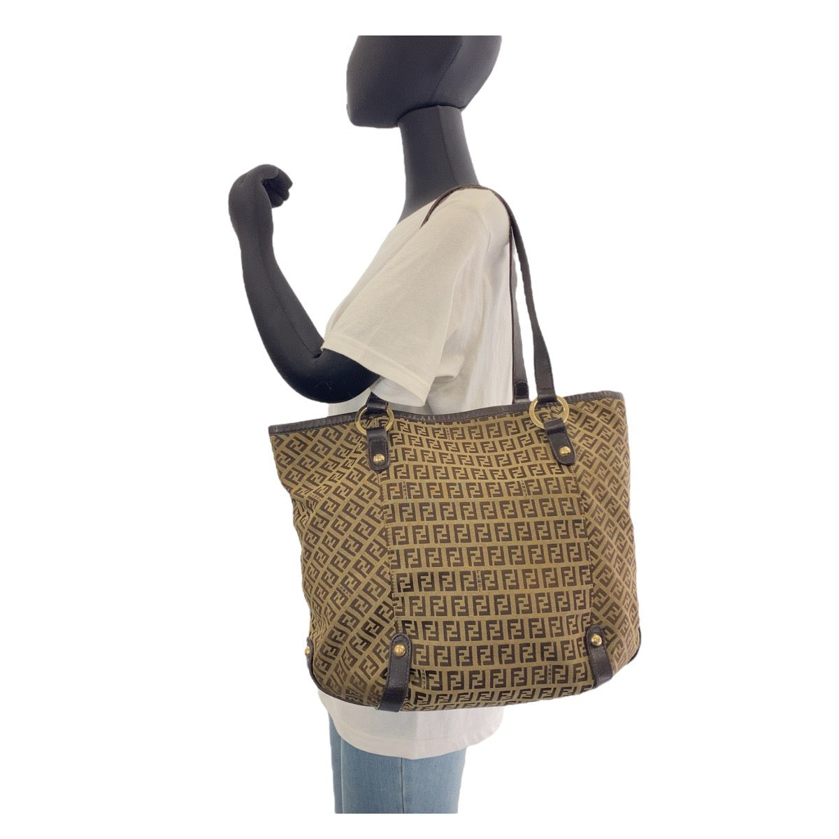 FENDI Tote Bag 8BH197 canvas Brown Gold Metal Zucchino