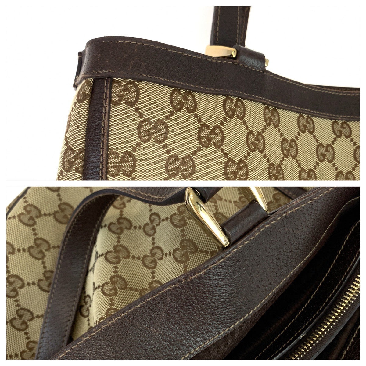 GUCCI Tote Bag 170004 GG canvas Beige Brown Gold Metal Abbey